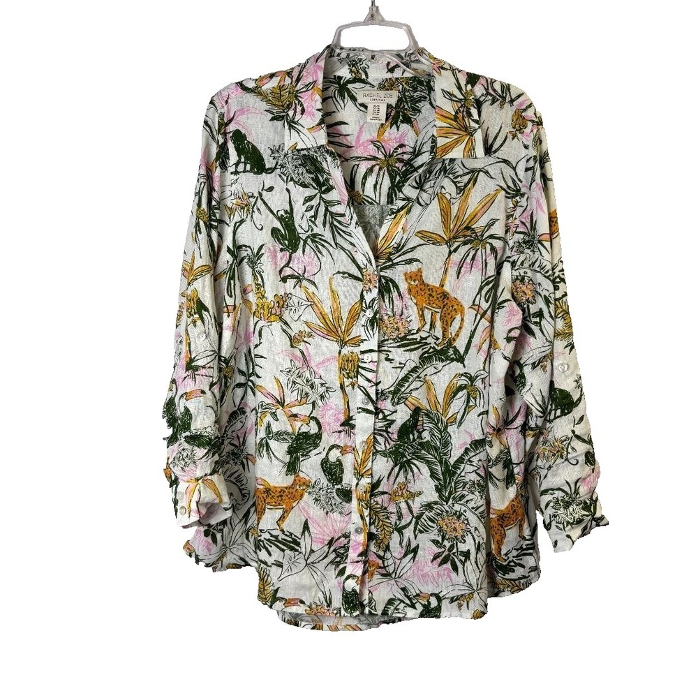 Rachel Zoe Shirt Women's 1X 100% Linen Button Down Long Sleeve Tropical Print